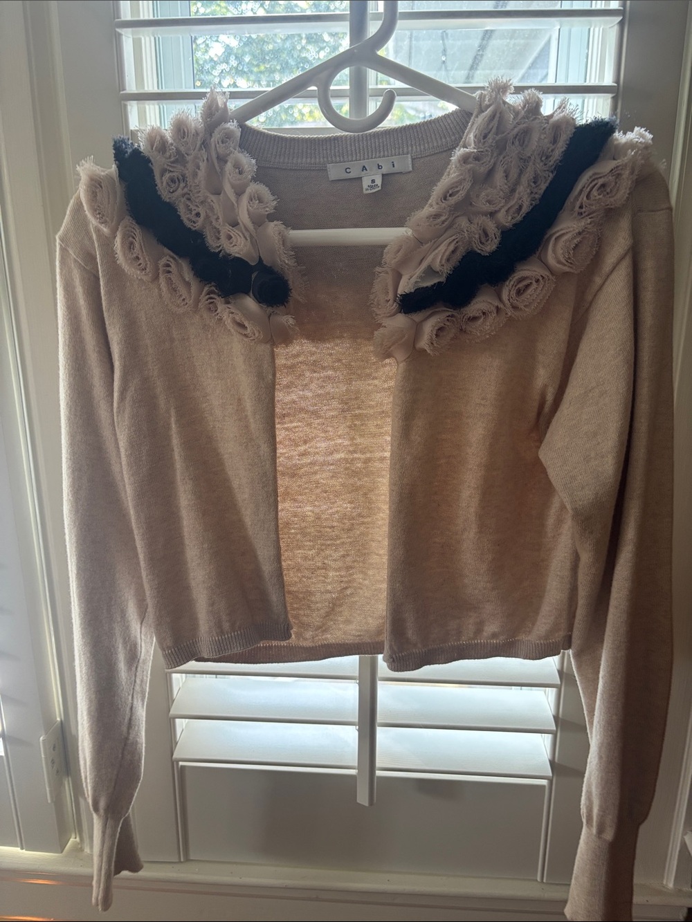 CAbi Beige Cropped Cardigan with Black Trimmed Floral Collar